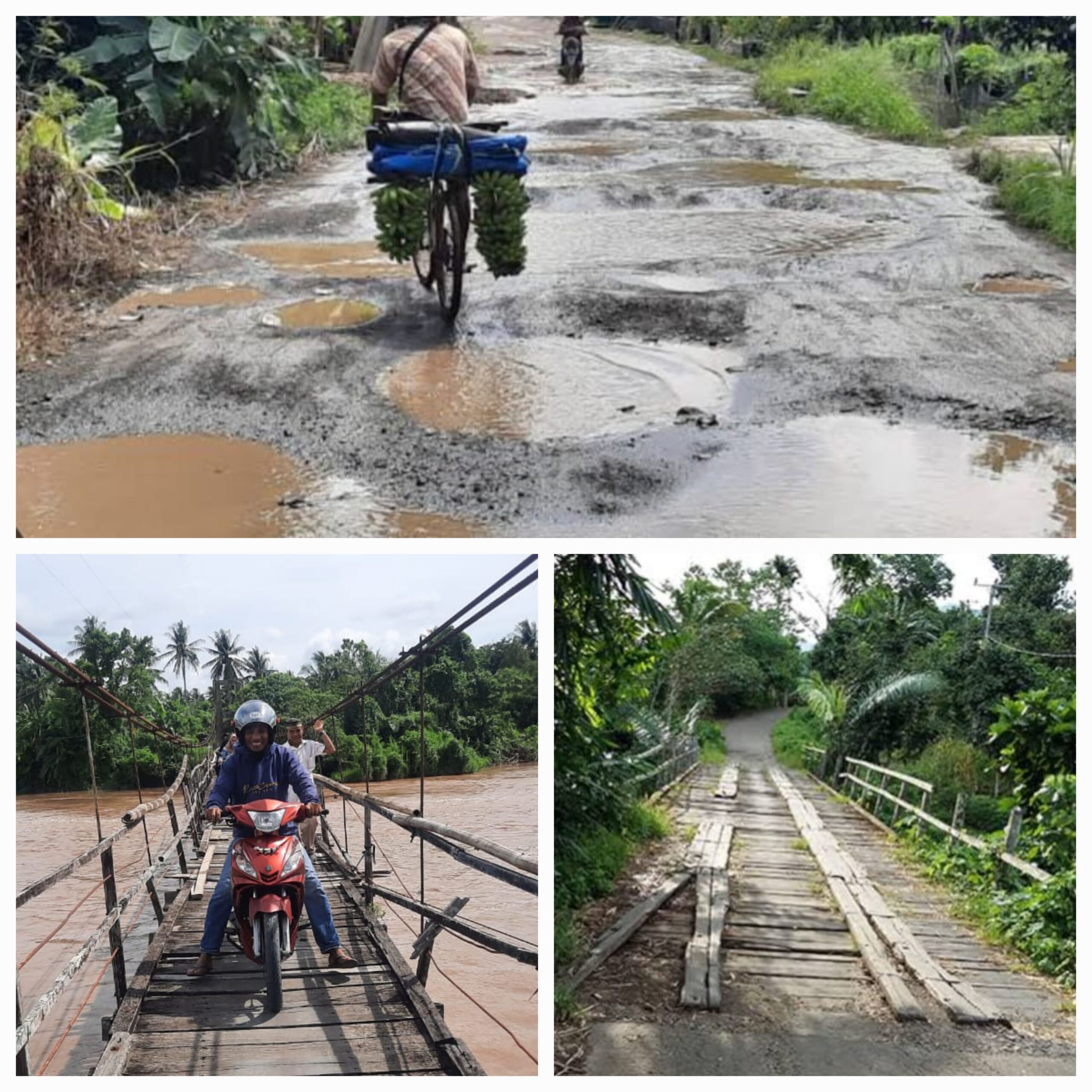 Foto ruas jalan benteng paremba, jembatan gantung Libukang dan Jembatan sungai Salukue Kandoka. Foto bang doel/kolase deadlinews.co